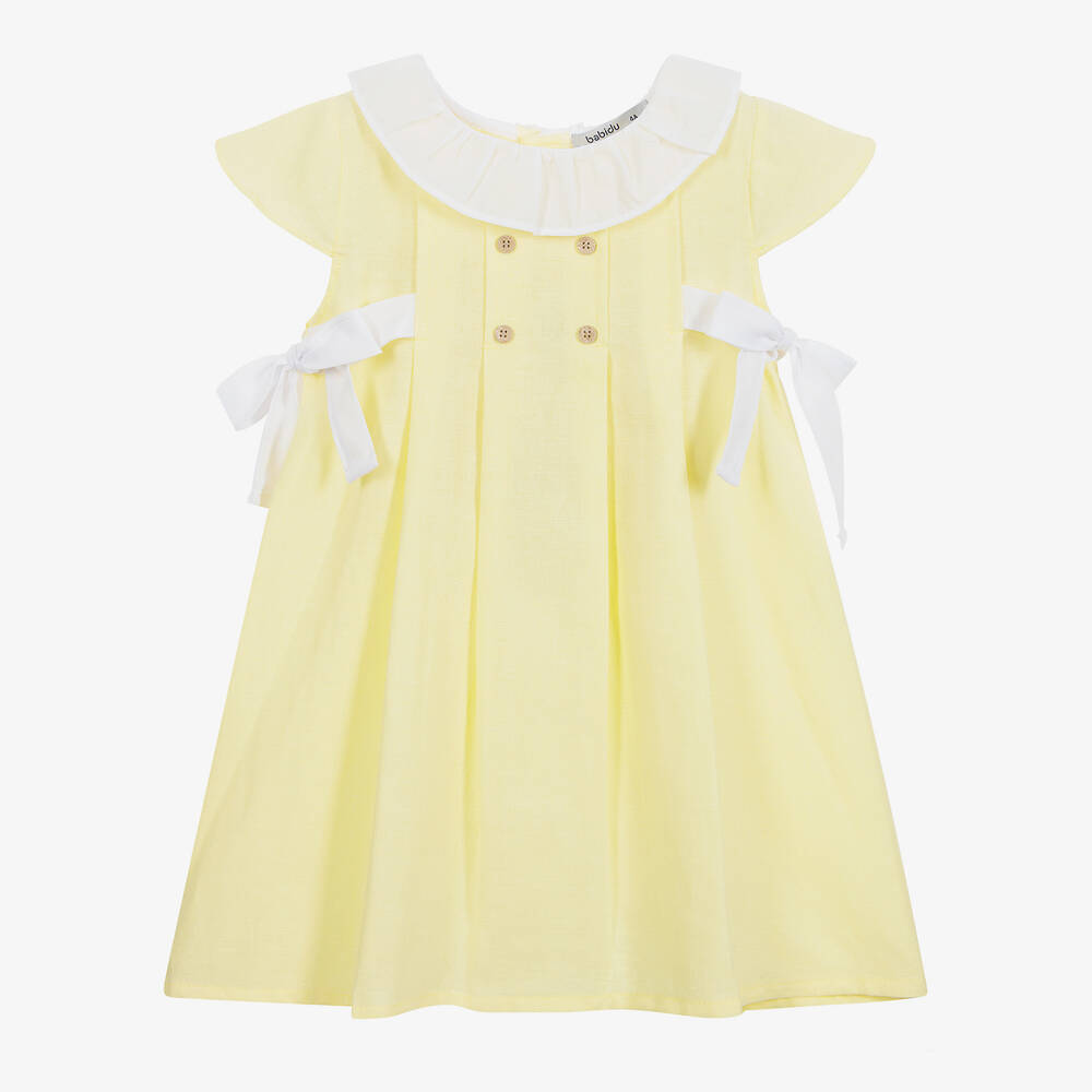 Babidu - Robe jaune et blanche en coton | Childrensalon