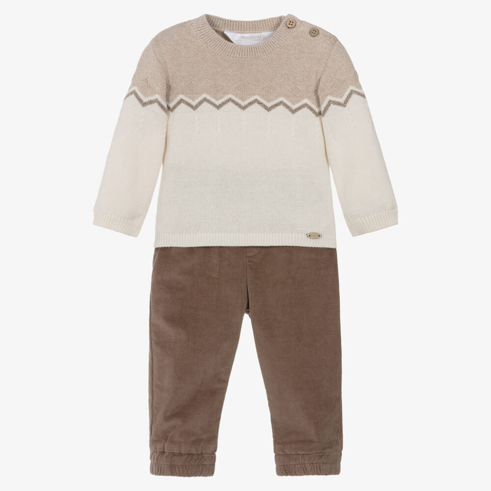 Mayoral Newborn-Baby Boys Beige & Brown Corduroy Trouser Set | Childrensalon Outlet