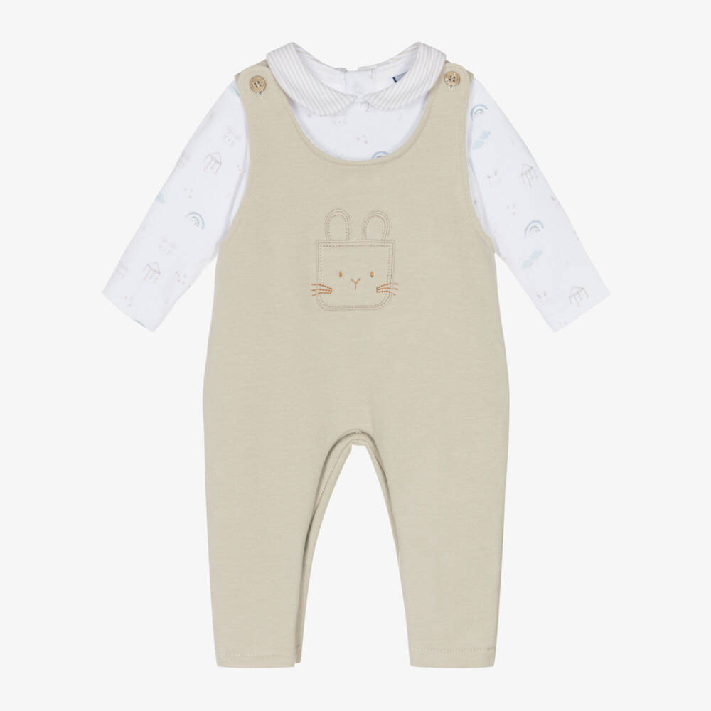 Babidu-Baby Boys Beige Cotton Bunny & Cloud Dungaree Set | Childrensalon Outlet