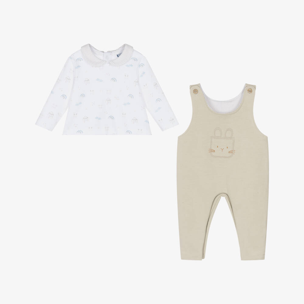 Babidu-Baby Boys Beige Cotton Bunny & Cloud Dungaree Set | Childrensalon Outlet