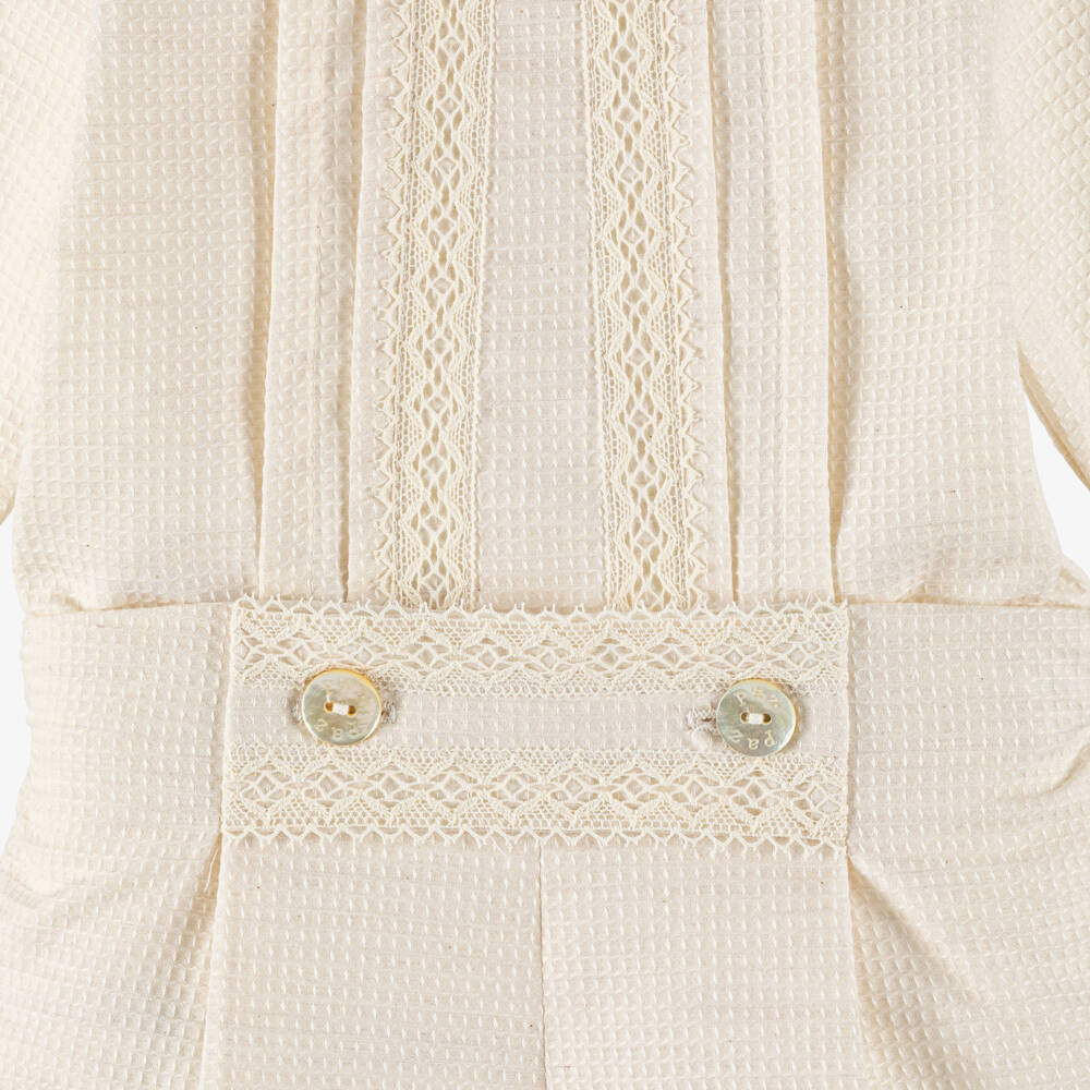 PAZ Rodríguez-Baby Boys Beige Cotton Buster Suit with Lace Trims | Childrensalon Outlet