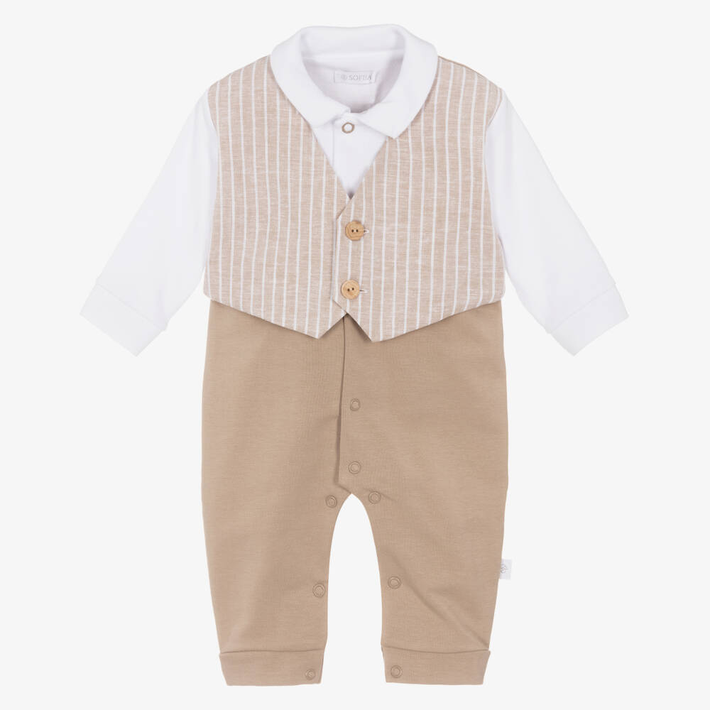 Sofija-Baby Boys Beige Cotton Waistcoat Romper Suit | Childrensalon Outlet
