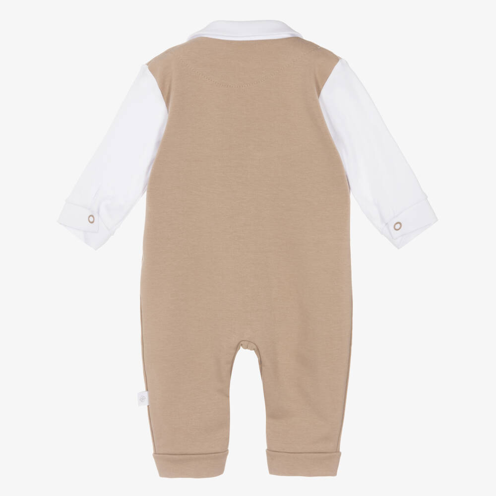 Sofija-Baby Boys Beige Cotton Waistcoat Romper Suit | Childrensalon Outlet