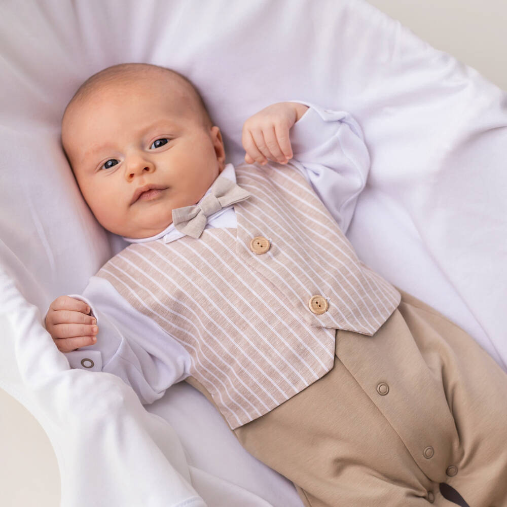 Sofija-Baby Boys Beige Cotton Waistcoat Romper Suit | Childrensalon Outlet