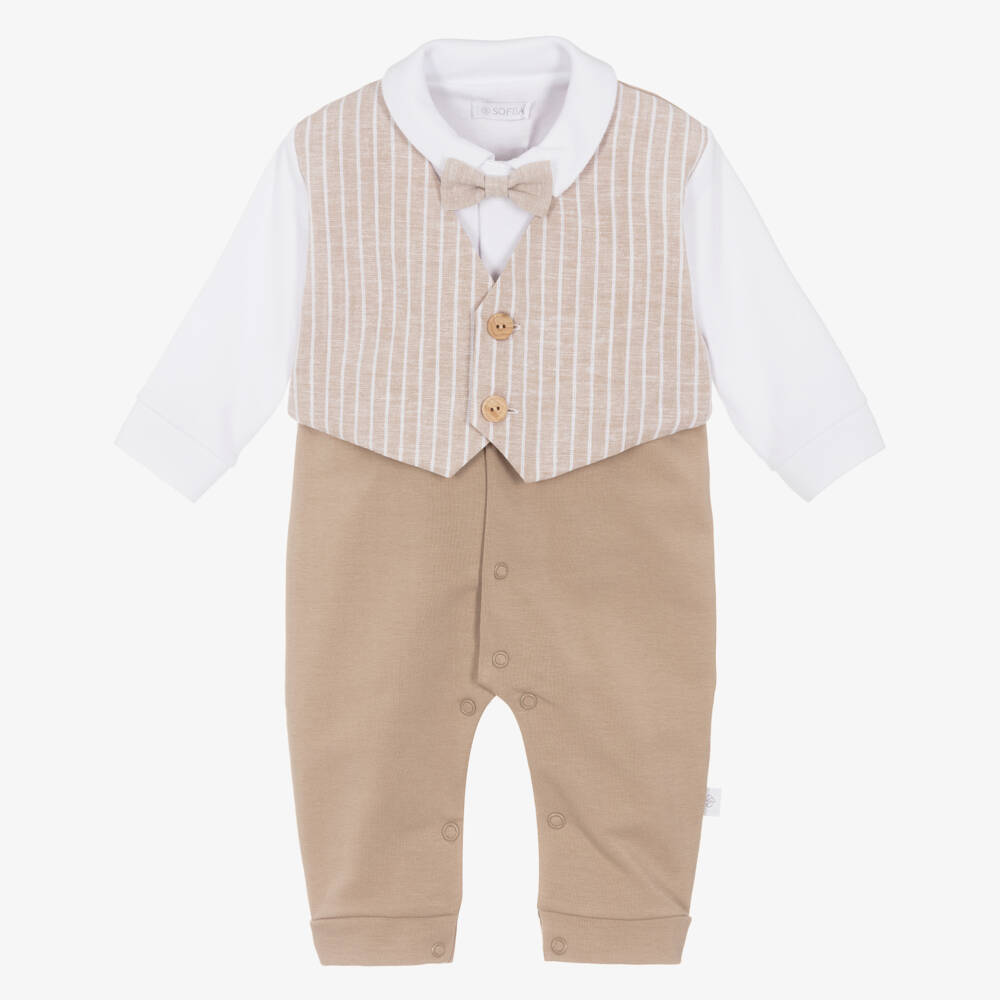 Sofija-Baby Boys Beige Cotton Waistcoat Romper Suit | Childrensalon Outlet