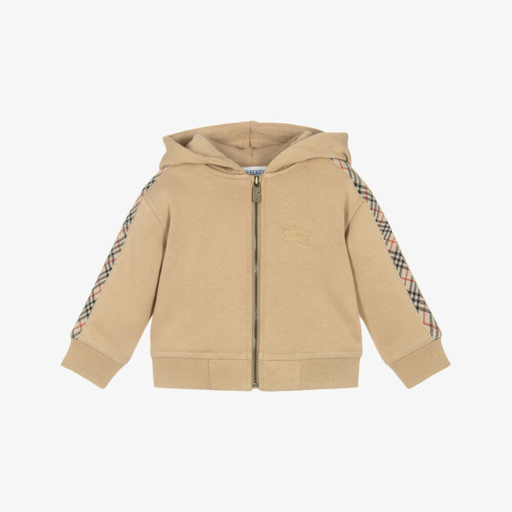 Burberry-Baby Boys Beige Cotton Zip-Up Hoodie with Check Trim & EKD Logo | Childrensalon Outlet
