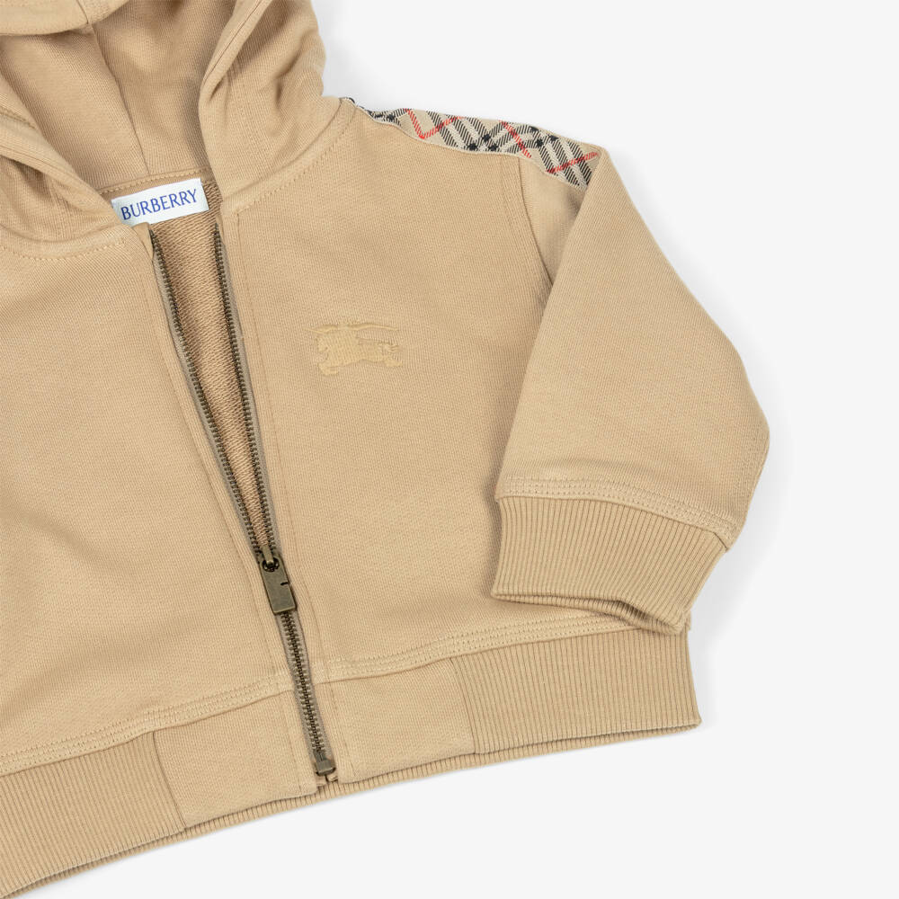 Burberry-Baby Boys Beige Cotton Zip-Up Hoodie with Check Trim & EKD Logo | Childrensalon Outlet