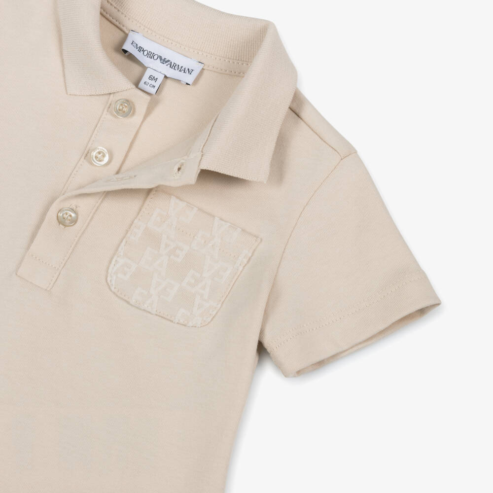 Emporio Armani-Baby Boys Beige Flocked Pocket Polo Shirt | Childrensalon Outlet