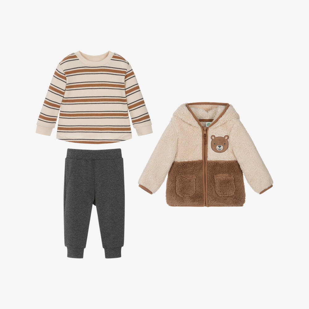 Little Me-Baby Boys Beige & Grey Trouser Set with Sherpa Fleece Jacket | Childrensalon Outlet