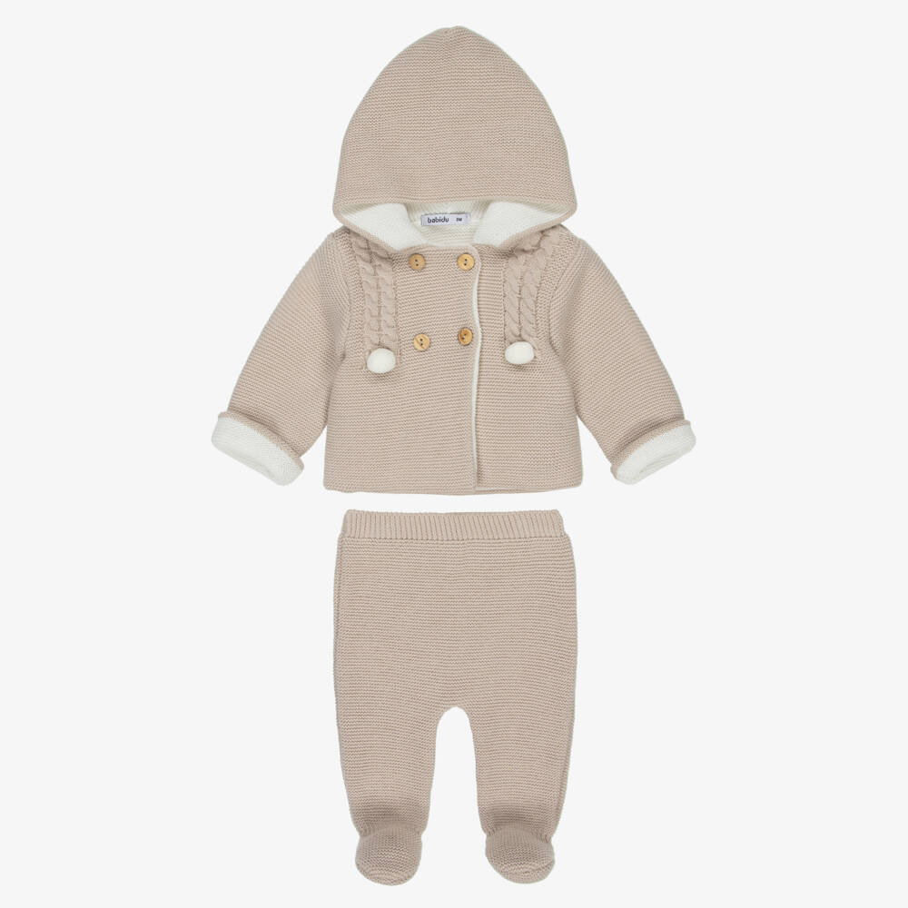 Babidu-Baby Boys Beige Knitted Pram Coat Set | Childrensalon Outlet
