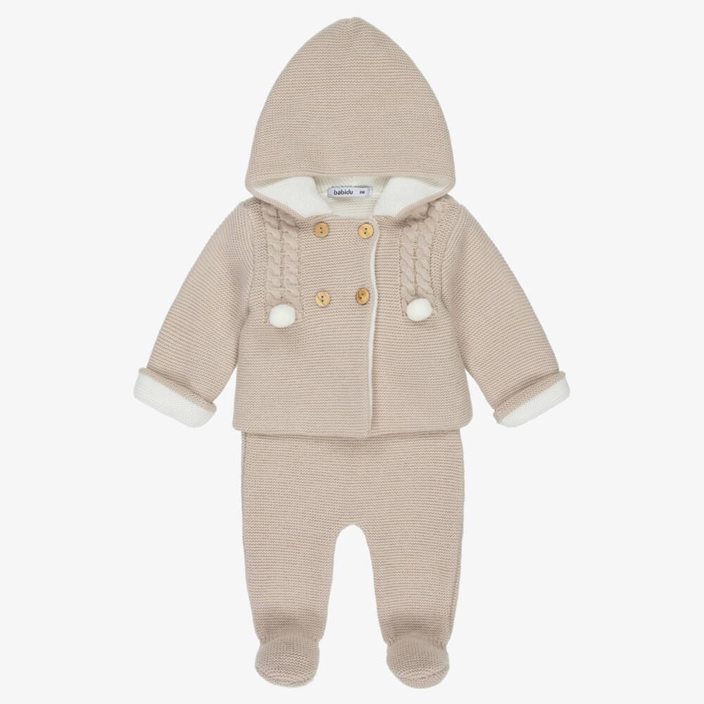 Babidu-Baby Boys Beige Knitted Pram Coat Set | Childrensalon Outlet