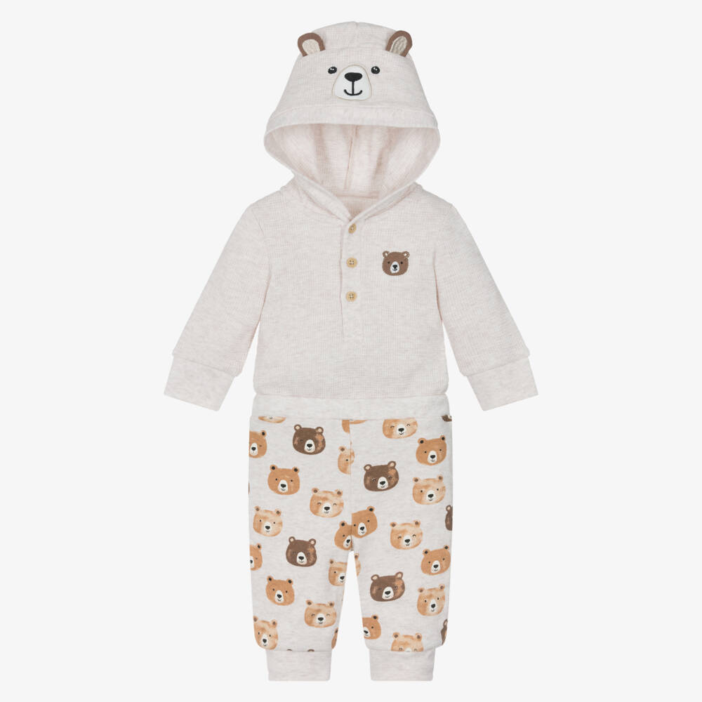 Little Me-Baby Boys Beige Marl Cotton Teddy Trouser Set | Childrensalon Outlet