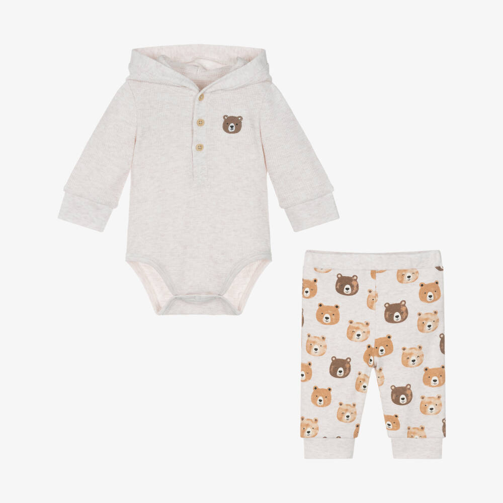 Little Me-Baby Boys Beige Marl Cotton Teddy Trouser Set | Childrensalon Outlet
