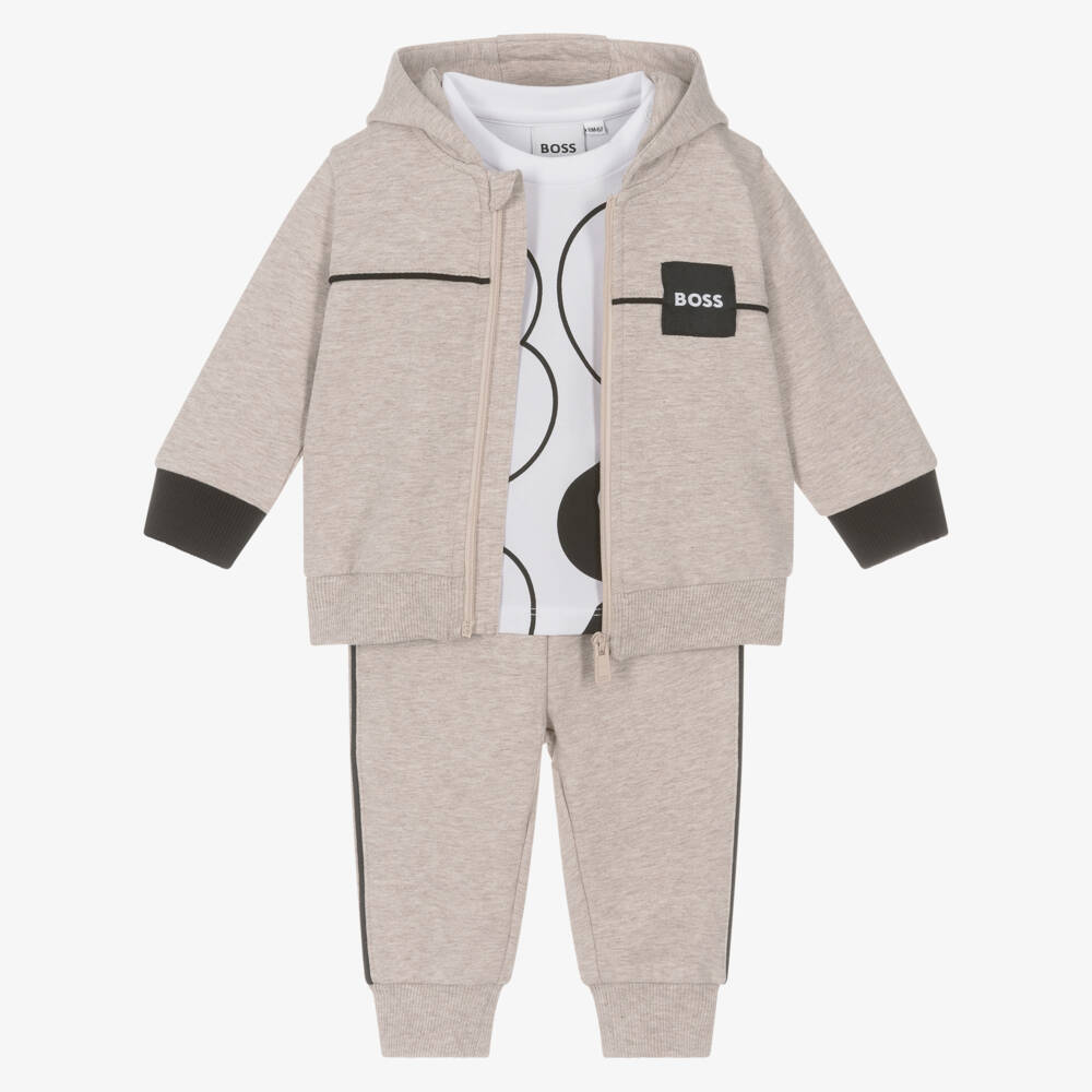 BOSS-Baby Boys Beige Marl Cotton Tracksuit Set | Childrensalon Outlet