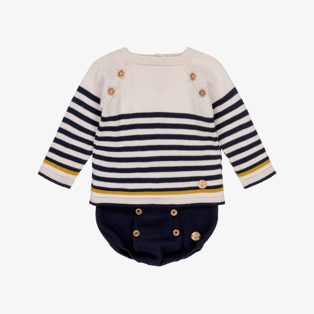 Artesanía Granlei-Вязаный комплект синий бежевый в полоску для мальчиков | Childrensalon Outlet