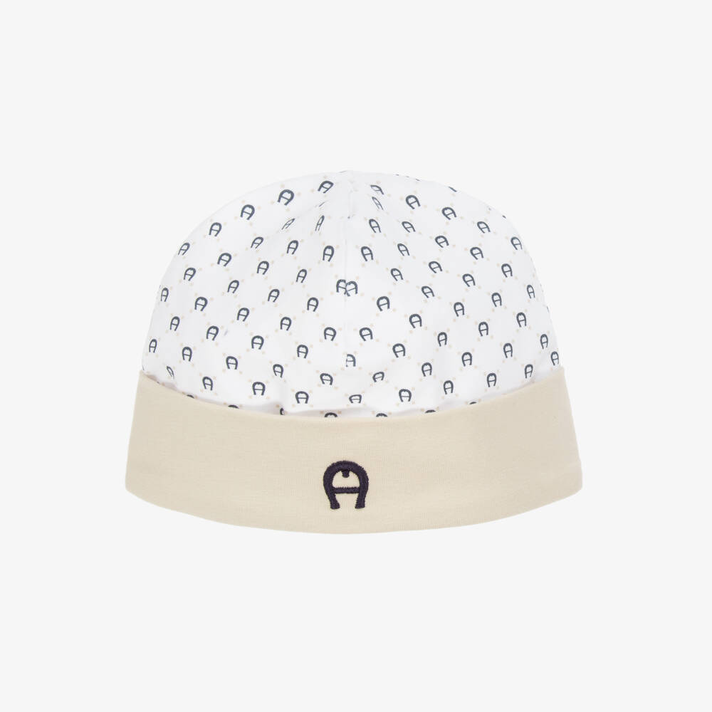 AIGNER-Baby Boys Beige & White Pima Cotton Hat | Childrensalon Outlet