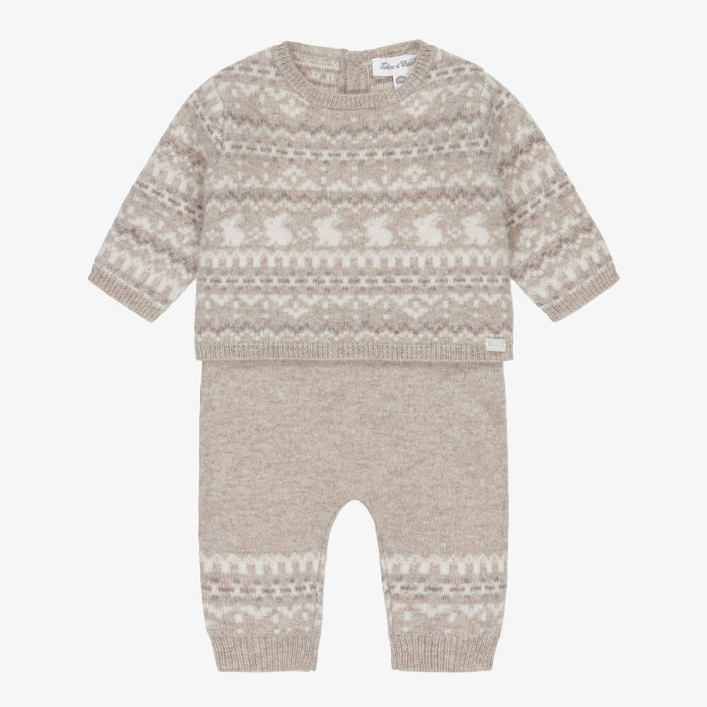 Tartine et Chocolat-Baby Boys Beige Wool & Cashmere Knit Bunny Trouser Set | Childrensalon Outlet