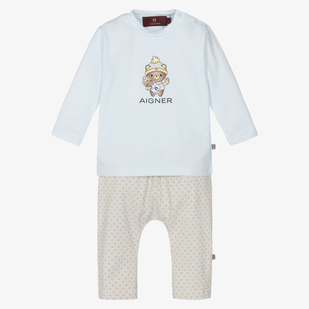 AIGNER-Baby Boys Blue & Beige Pima Cotton Trouser Set | Childrensalon Outlet