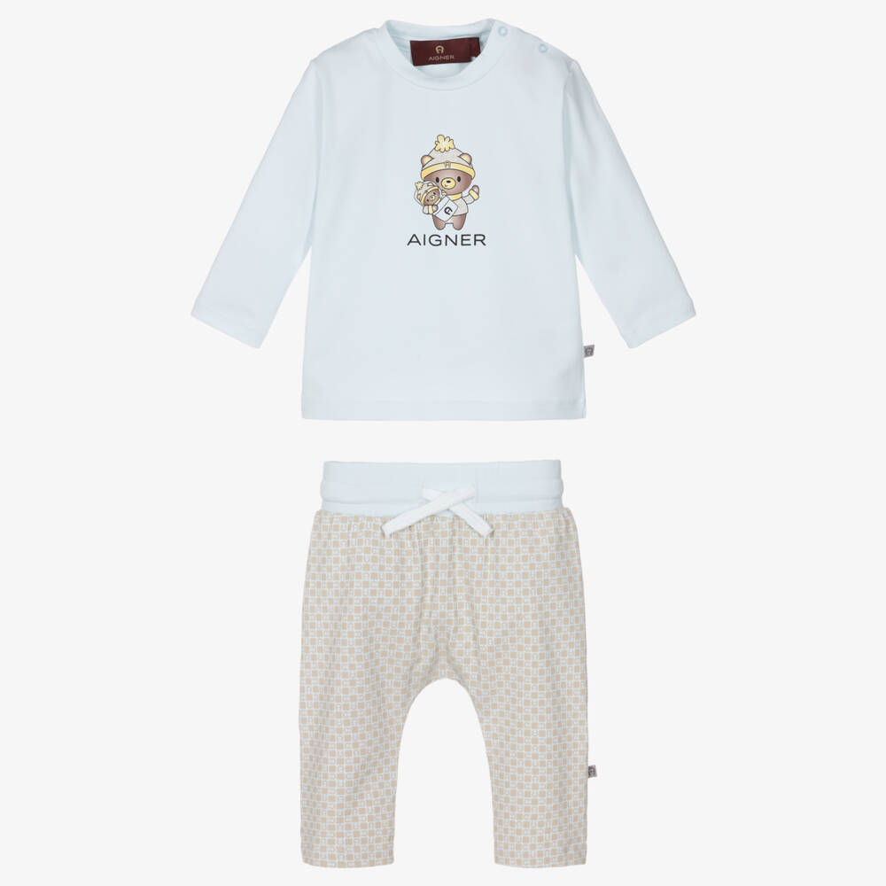AIGNER-Baby Boys Blue & Beige Pima Cotton Trouser Set | Childrensalon Outlet