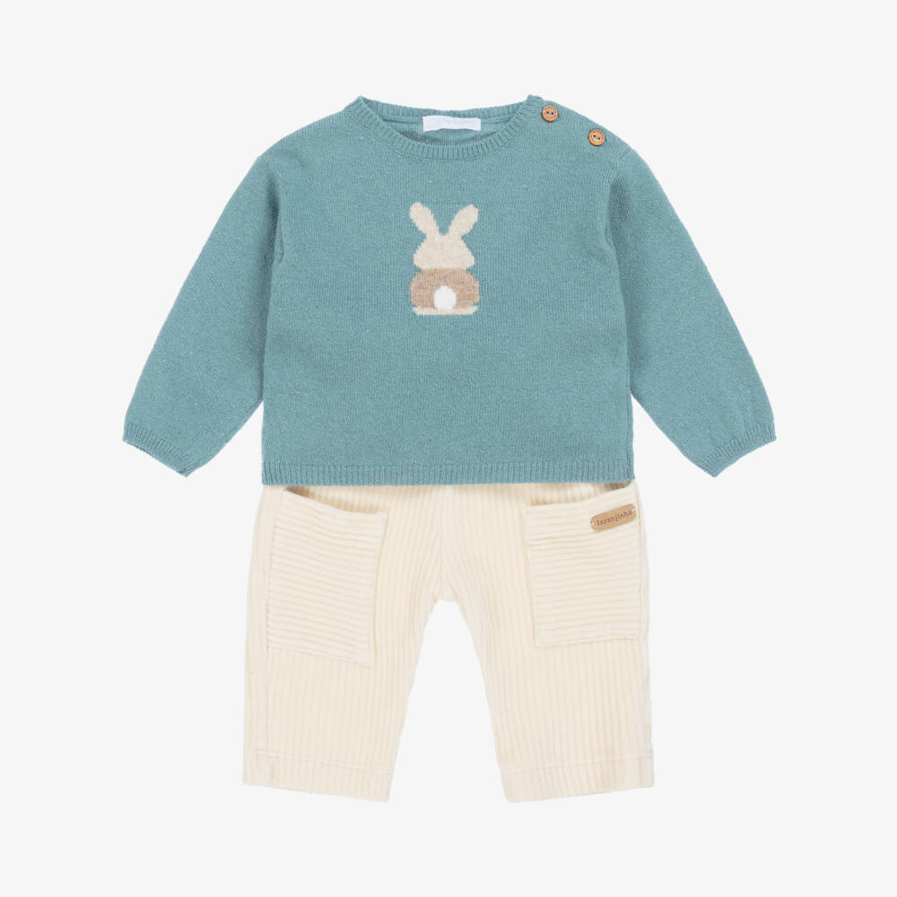 Laranjinha-Baby Boys Blue & Beige Velour Trousers Set | Childrensalon Outlet