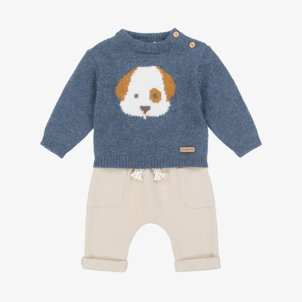 Laranjinha-Baby Boys Blue & Beige Wool & Cotton Trouser Set | Childrensalon Outlet