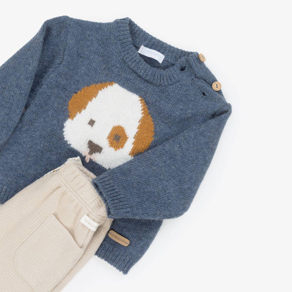 Laranjinha-Baby Boys Blue & Beige Wool & Cotton Trouser Set | Childrensalon Outlet