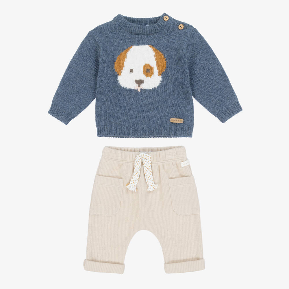 Laranjinha-Baby Boys Blue & Beige Wool & Cotton Trouser Set | Childrensalon Outlet