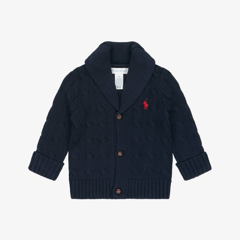 Ralph Lauren-Baby Boys Blue Cable Knit Cotton Shawl Cardigan with Pony Logo | Childrensalon Outlet
