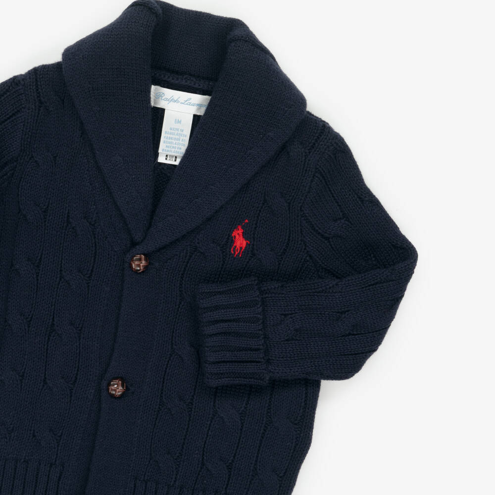 Ralph Lauren-Baby Boys Blue Cable Knit Cotton Shawl Cardigan with Pony Logo | Childrensalon Outlet