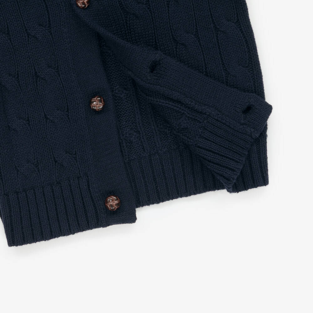 Ralph Lauren-Baby Boys Blue Cable Knit Cotton Shawl Cardigan with Pony Logo | Childrensalon Outlet