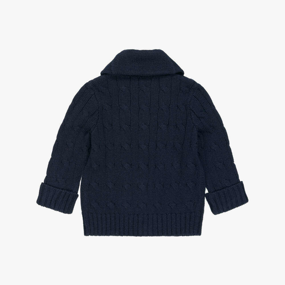 Ralph Lauren-Baby Boys Blue Cable Knit Cotton Shawl Cardigan with Pony Logo | Childrensalon Outlet