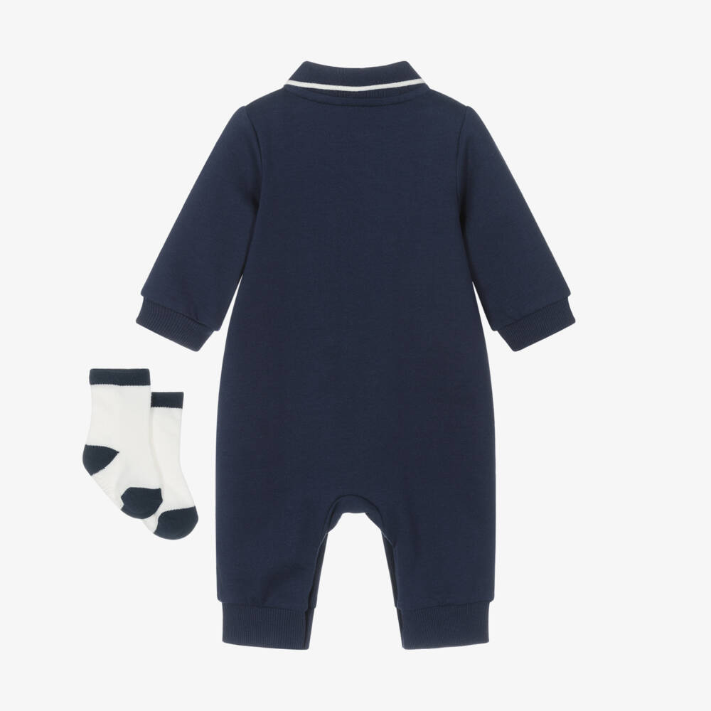 Little Me-Baby Boys Blue Cotton Embroidered Cars Romper Set | Childrensalon Outlet