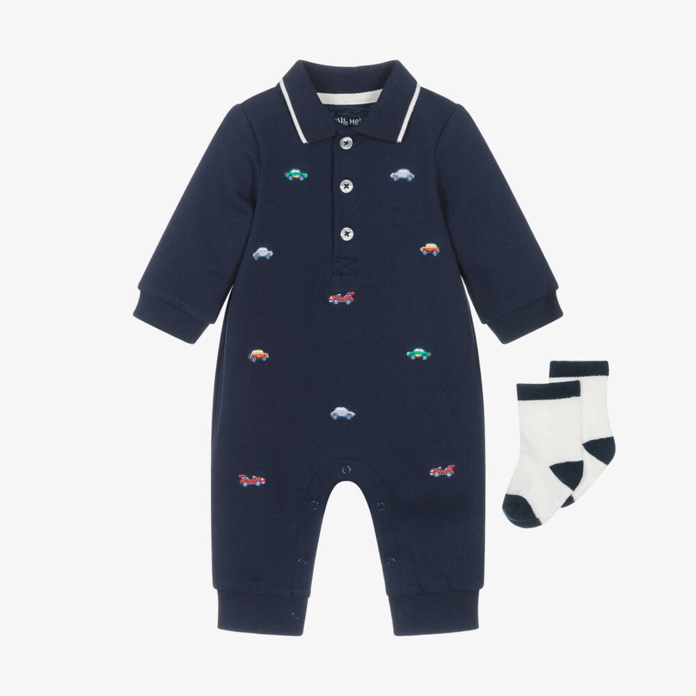Little Me-Baby Boys Blue Cotton Embroidered Cars Romper Set | Childrensalon Outlet