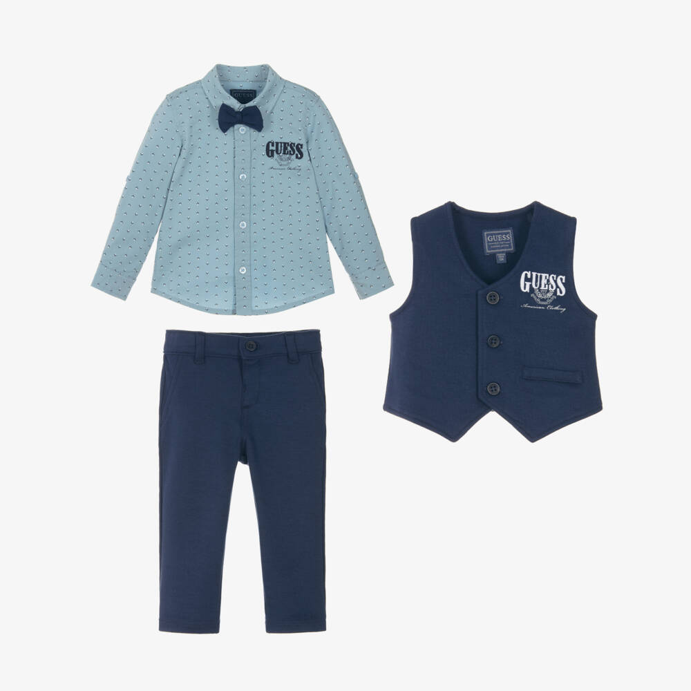 Guess-Baby Boys Blue Cotton Jersey Waistcoat Suit | Childrensalon Outlet