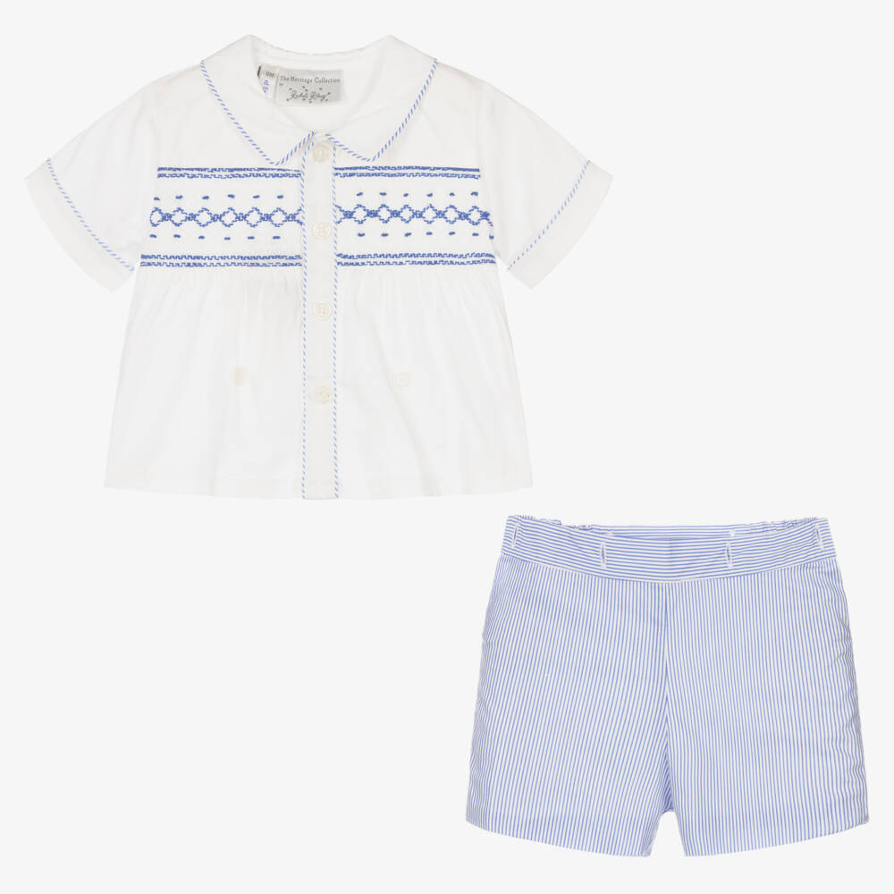 Rachel Riley-Baby Boys Blue Cotton Smocked Buster Suit | Childrensalon Outlet