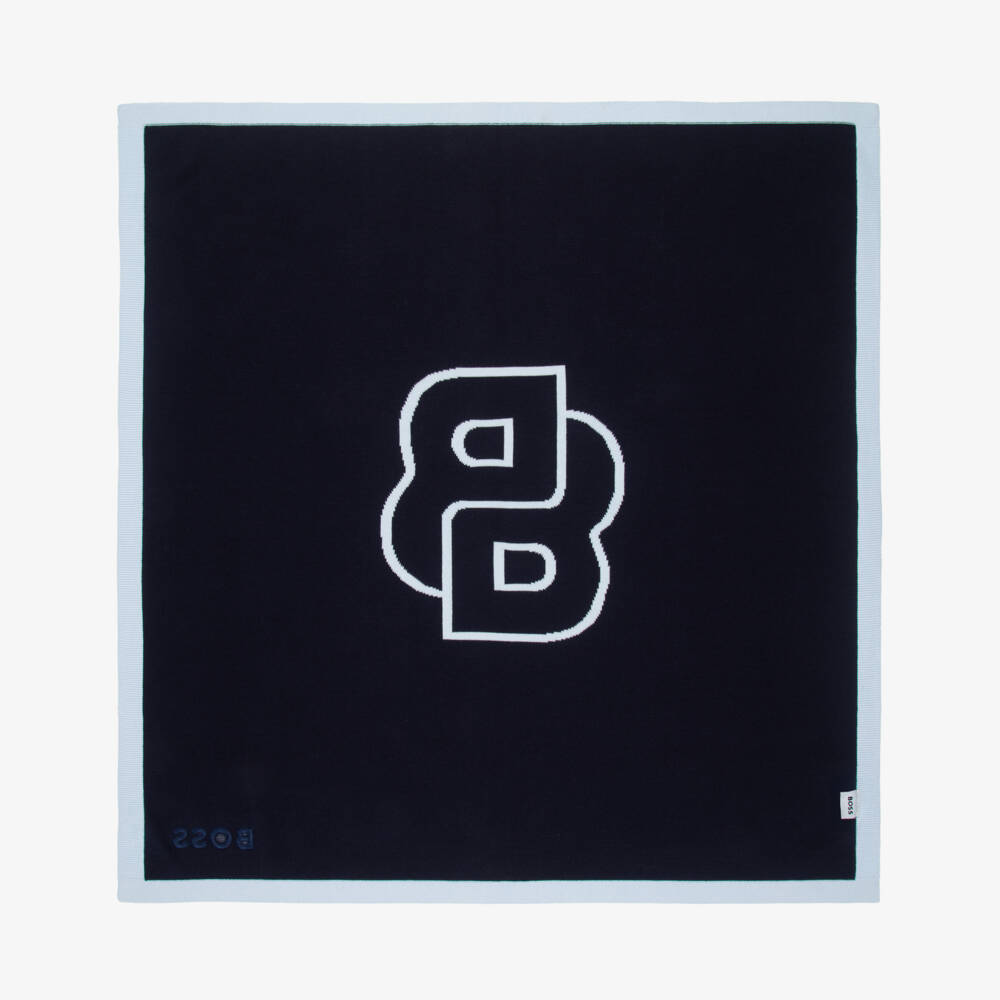 BOSS-Baby Boys Blue Double B Monogram Cotton Blanket (75cm) | Childrensalon Outlet
