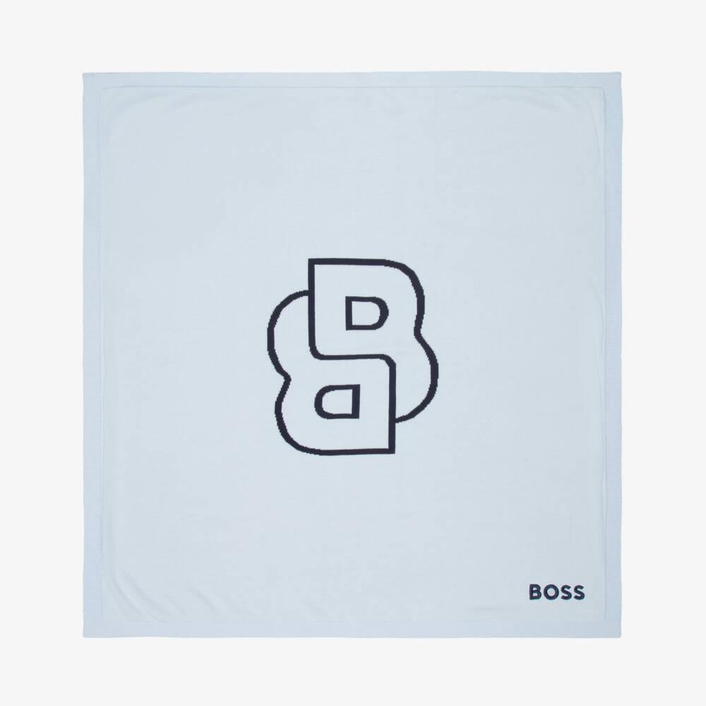 BOSS-Baby Boys Blue Double B Monogram Cotton Blanket (75cm) | Childrensalon Outlet