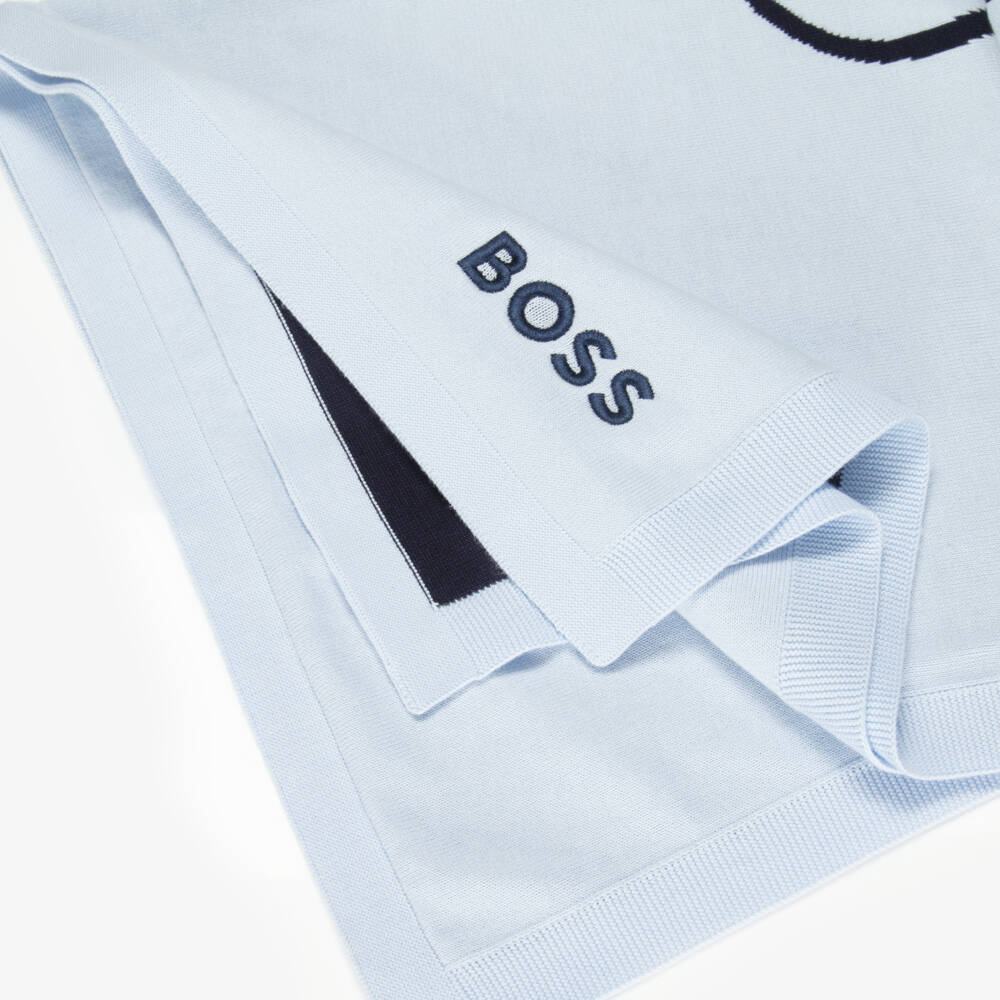 BOSS-Baby Boys Blue Double B Monogram Cotton Blanket (75cm) | Childrensalon Outlet