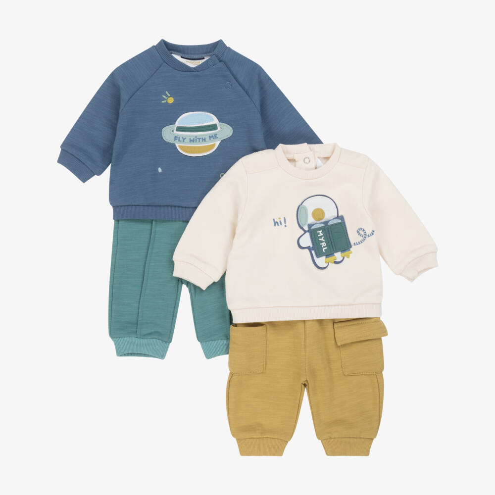 Mayoral Newborn-Baby Boys Blue & Green Outer Space Tracksuits (2 Pack) | Childrensalon Outlet