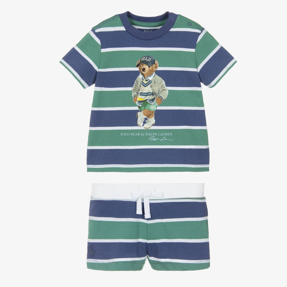 Ralph Lauren-Baby Boys Blue & Green Striped Cotton Shorts Set | Childrensalon Outlet