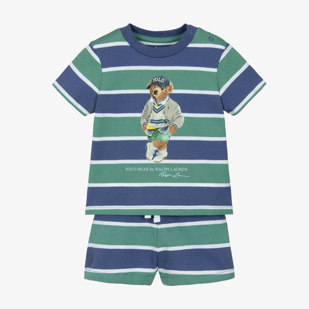 Ralph Lauren-Baby Boys Blue & Green Striped Cotton Shorts Set | Childrensalon Outlet