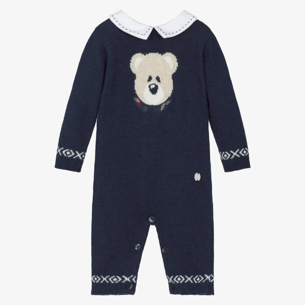 Patachou-Baby Boys Blue Merino Wool & Cashmere Blend Bear Romper | Childrensalon Outlet