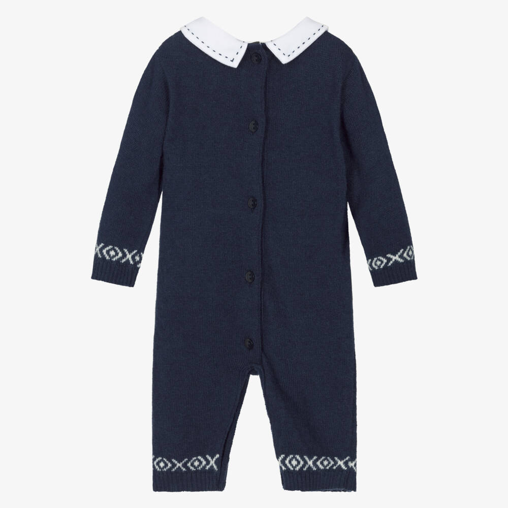 Patachou-Baby Boys Blue Merino Wool & Cashmere Blend Bear Romper | Childrensalon Outlet