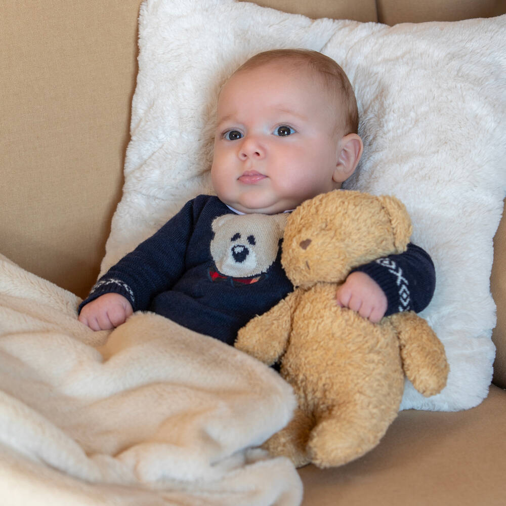 Patachou-Baby Boys Blue Merino Wool & Cashmere Blend Bear Romper | Childrensalon Outlet