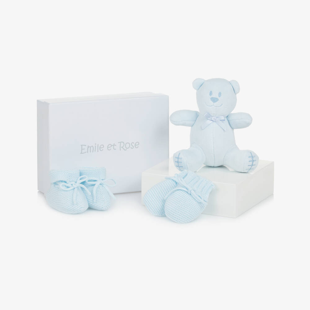 Emile et Rose-Baby Boys Blue Mitts & Booties Gift Set with Teddy Bear | Childrensalon Outlet