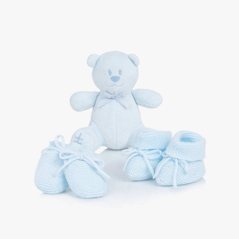 Emile et Rose-Baby Boys Blue Mitts & Booties Gift Set with Teddy Bear | Childrensalon Outlet