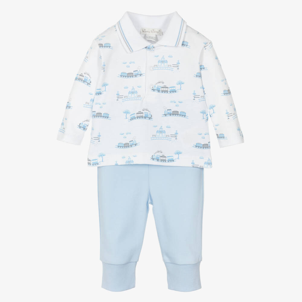 Kissy Kissy-Baby Boys Blue Pima Cotton Roundabout Railroad Trouser Set | Childrensalon Outlet