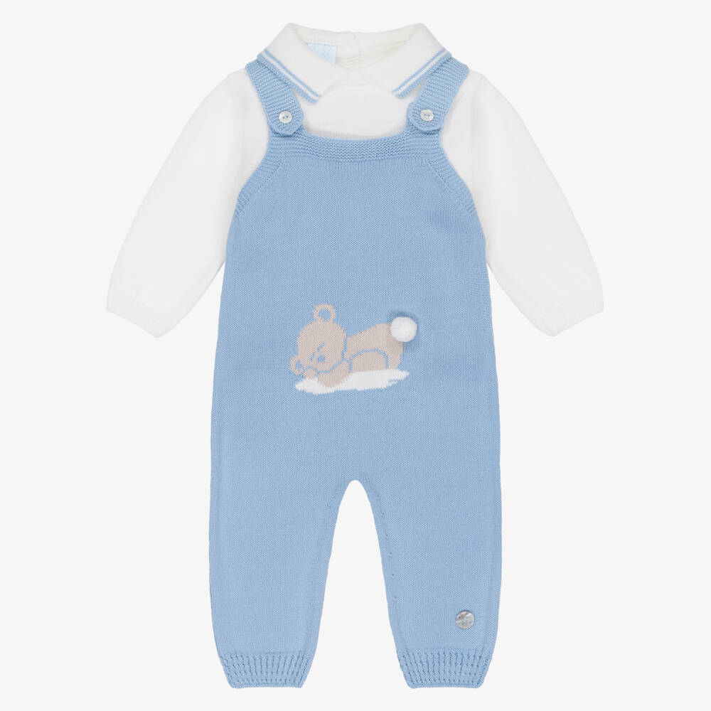 Artesanía Granlei-Baby Boys Blue Teddy Bear Knitted Dungaree Set | Childrensalon Outlet