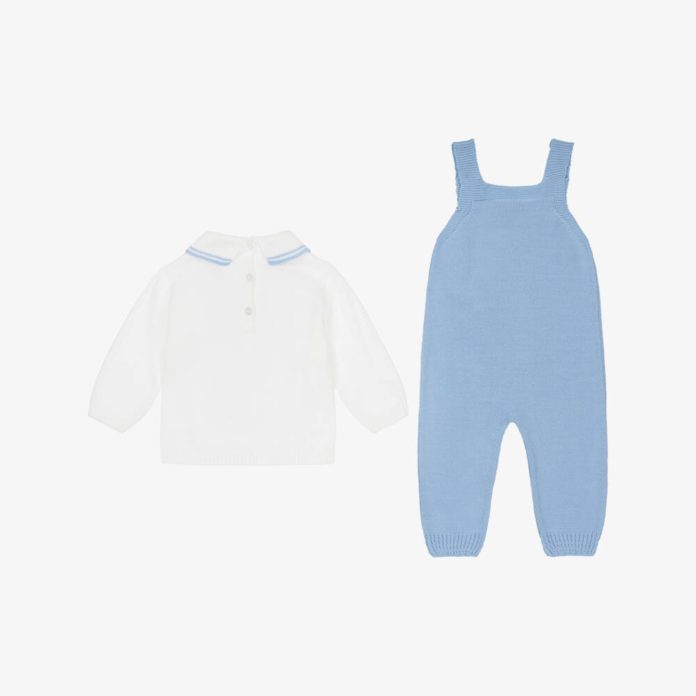 Artesanía Granlei-Baby Boys Blue Teddy Bear Knitted Dungaree Set | Childrensalon Outlet