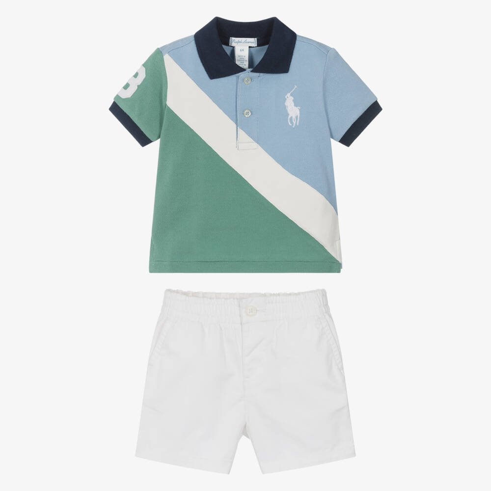 Ralph Lauren-Baby Boys Blue & White Cotton Polo Shirt & Shorts Set | Childrensalon Outlet